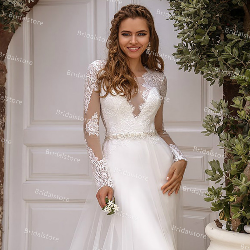 Elegant Bohemain Style Mermaid Wedding Dress With Overskirt Train 2021 Lace Long Sleeve Boho Bridal Gowns Open Back Country Bride Dresses Robes De Mar