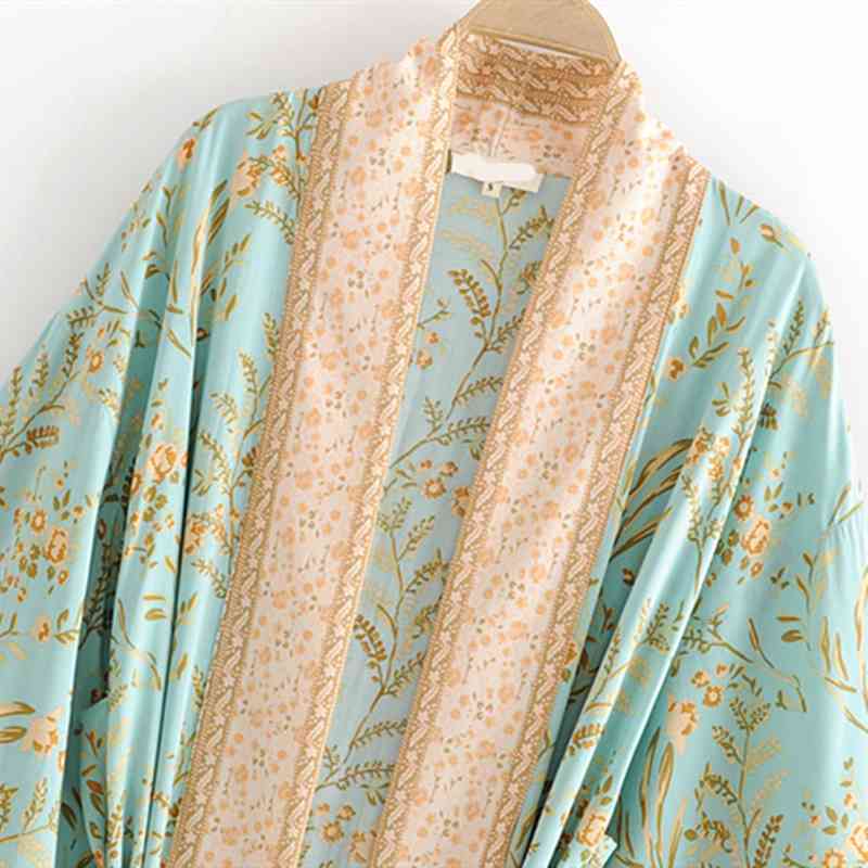 New Hot Selling Vintage Boho Floral Print Long Kimono Cardigan Summer Tops Belted Beachwear Vestido Blusas Mujer 210323