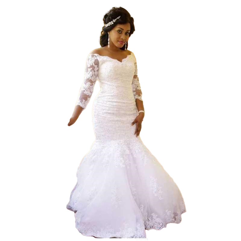 Vintage V Neck Lace Mermaid Wedding Dresses Illusion Long Sleeve Appliques Plus Size African Garden Chapel Bridal Gowns Vestidos De Novia
