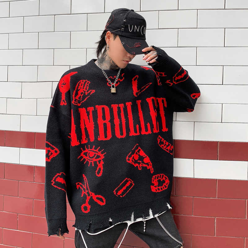Autumn Winter Ripped Hole Punk Hip Hop Sweater Men's Red Green Color Pullover Korean Style Graffiti Jersey Hombre 211018