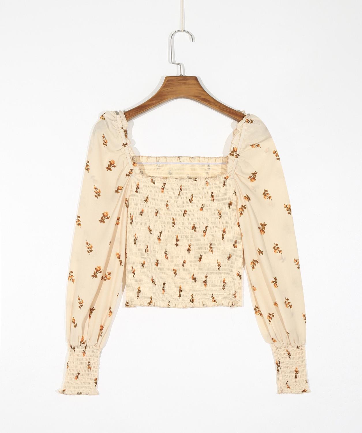 Vintage Floral Print Chiffon Crop Shirt Women Sexy Square Neck Elastic Ruched Body Slim Fit Blouse French Summer Elegant Tops 210429