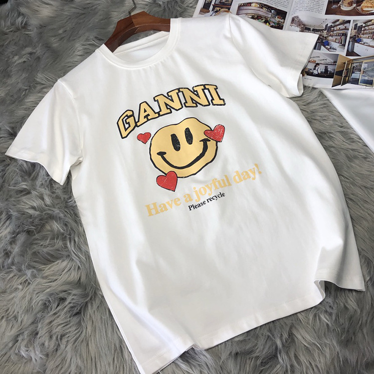 Fashion T shirt for women Ganni Danish Brand Print Love Smile Loose Cotton Short Sleeve