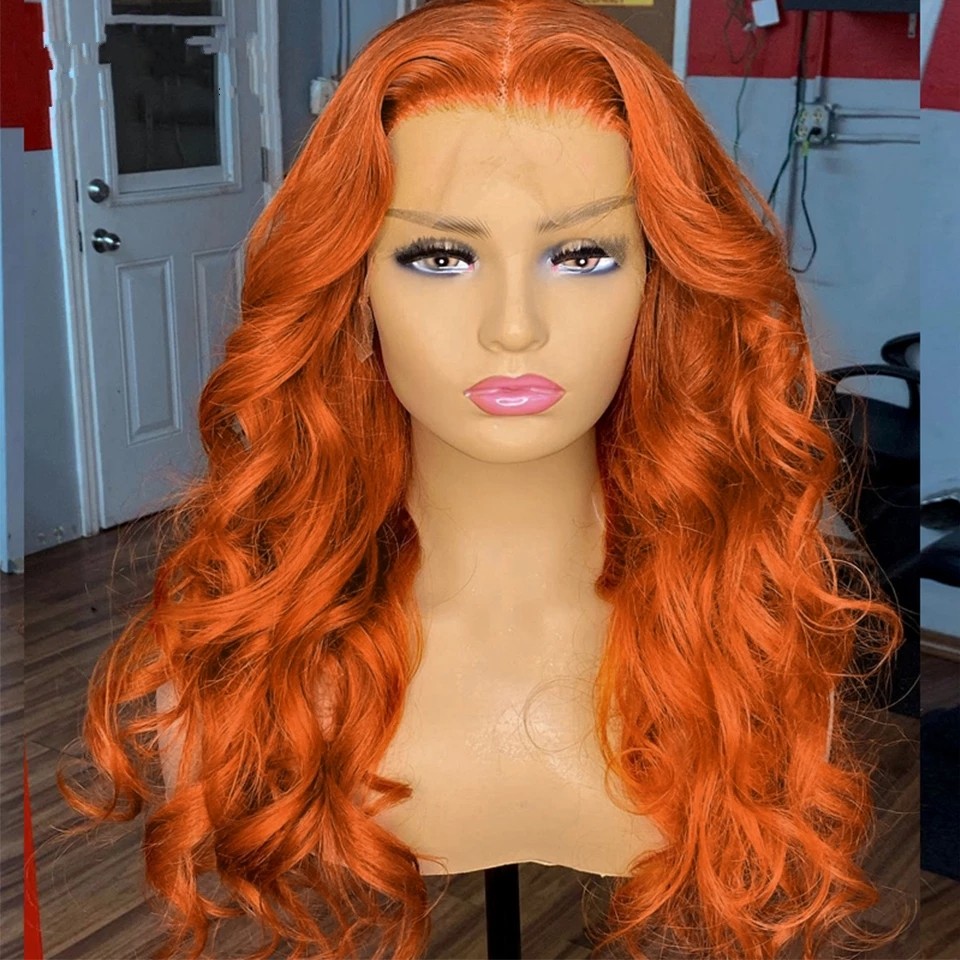 Free shipping Ginger Orange Body Wave Lace Front Human Hair Wig with BabyHair 13x4 Wavy Synthetic Wigs Bleached Knots For Women