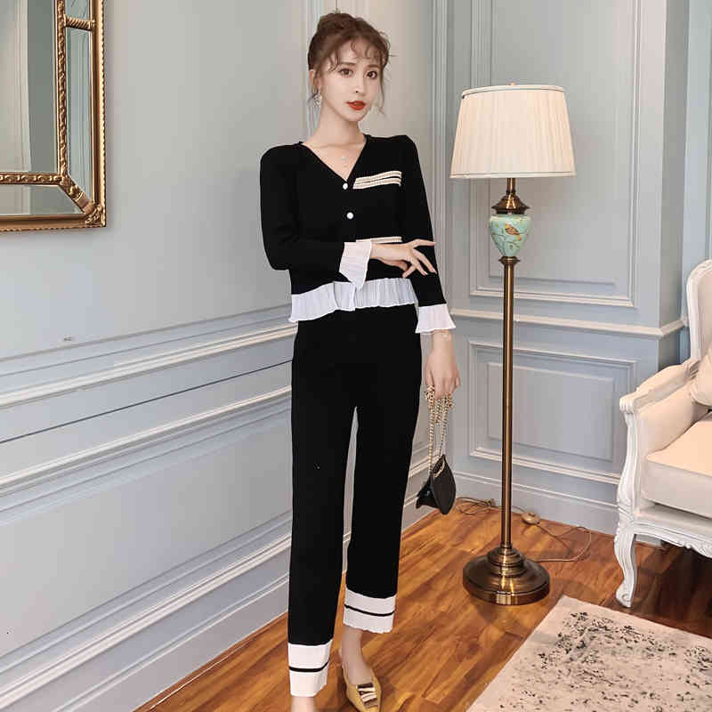 Comelsexy Autumn Women Single Breasted Chiffon Patchwork Knit Cardigan+Elastic Waist Wide Leg Pants 2PCS Sets 210515