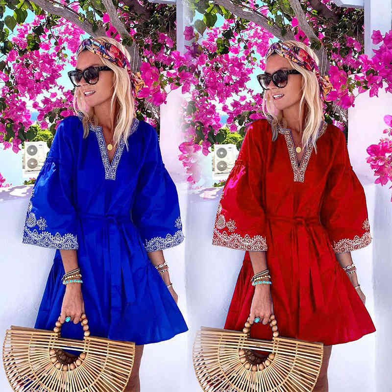 Women Dress Lantern Sleeve V-neck Printing es Red Blue Plus Size Sexy Vintage Summer Fashion 210513