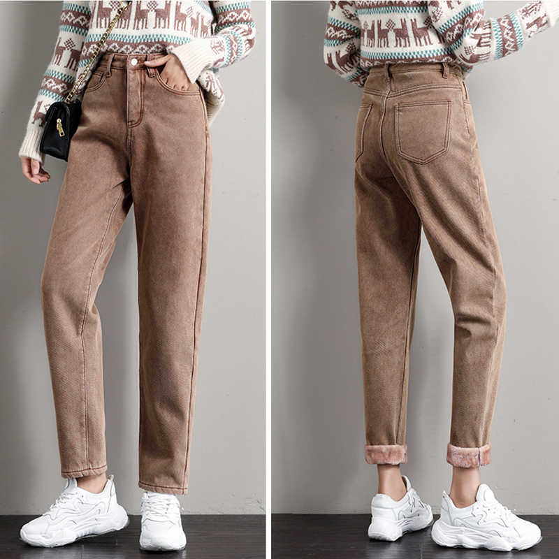 Winter Jeans for Women Velvet Thick Warm Denim Pants High Waist Fleece Mom Vintage Wide Leg AnkleLength Harem 210922
