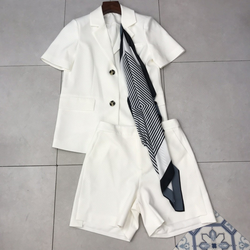 Wonder Shorts Suits Elegant Scarf Short Sleeve Notched Blazer Jacket+Pocket Mini Two Pieces OL Sets 210510