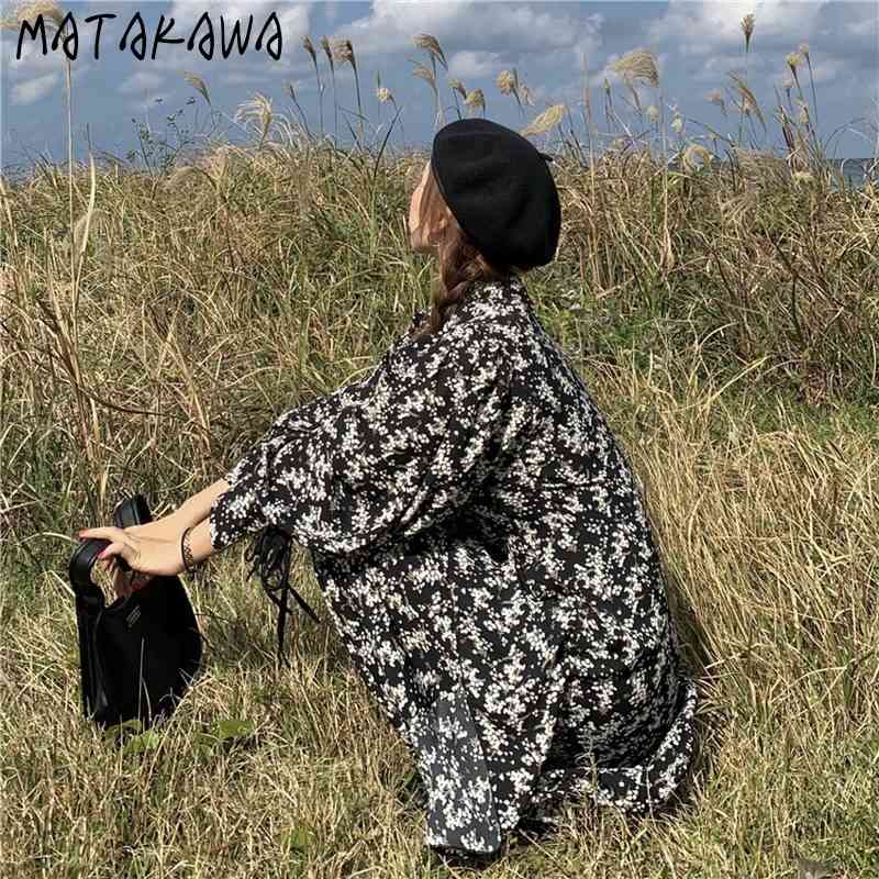 MATAKAWA plus size bubble sleeve woman dress spring women V-neck split femme robe loose floral temperament long vestido 210513