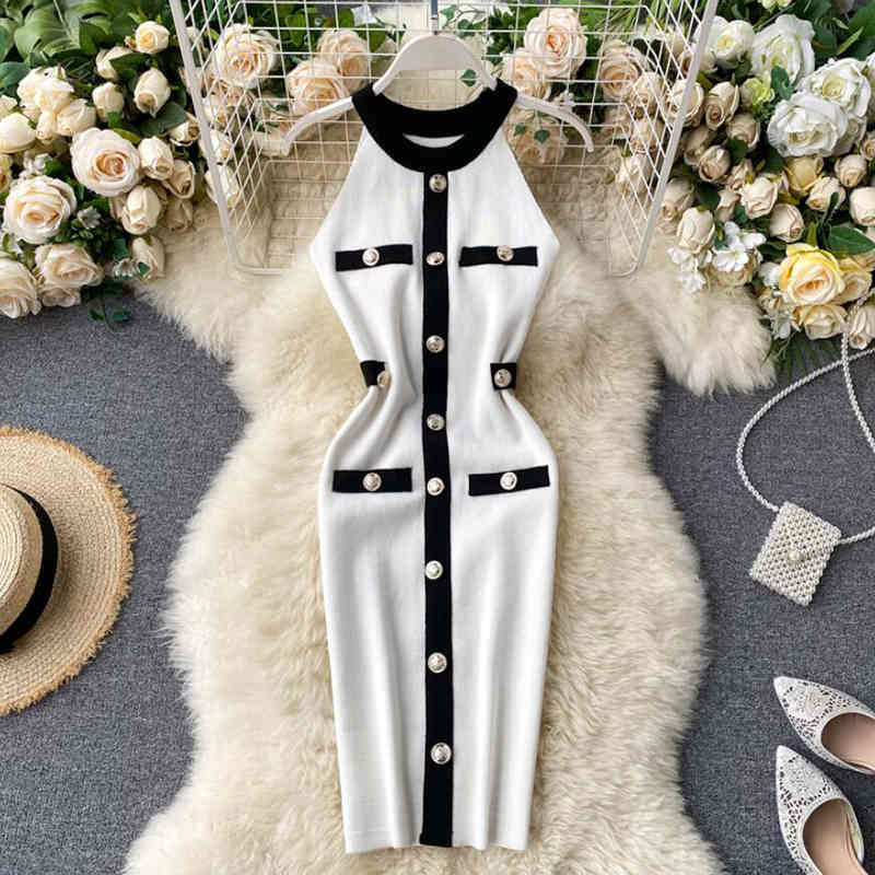 Fashion Knitted Dress Women Sleeveless Vintage Bodycon Dresses Single-breasted Knit Elegant Knee Length Vestido Summer Robe 210521