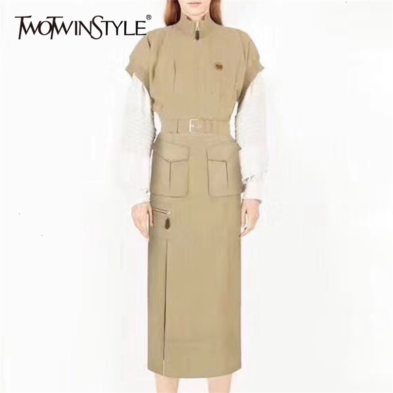 Dress For Women Stand Collar Short Sleeve Pocket High Waist Sashes Female Dresses Autumn Fashion Clothing 210520, Khaki
Dress For Women Stand Collar Short Sleeve Pocket High Waist Sashes Female Dresses Autumn Fashion Clothing 210520, Khaki