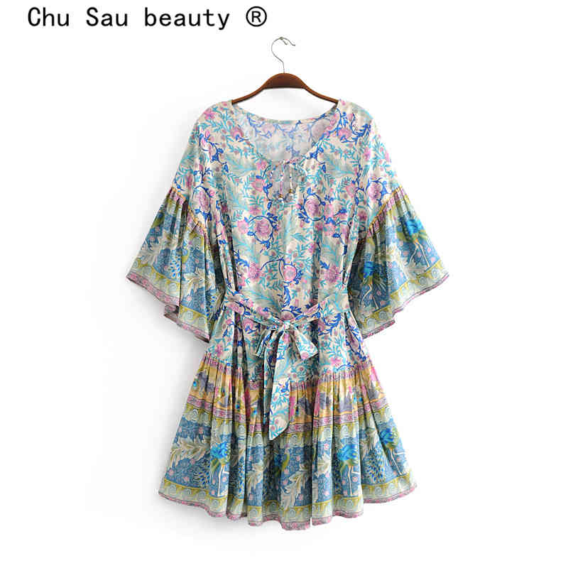 beauty Boho Floral Print Women's Midi Dress Holiday Sashes Flare Sleeve Mini Dresses Female Beautiful Beachwear 210514