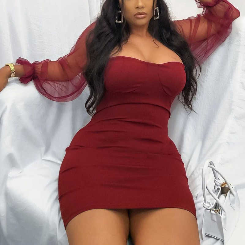 Mesh Sleeve Square Neck Bodycon Party Club Mini Dress 210702