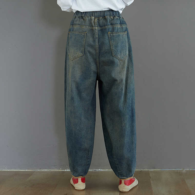 7076 Women Fashion Spring Summer Korean Elastic Waist Oversize Wide Leg Pant Female Casual Loose Ankle Length Jeans Streetwear 210922