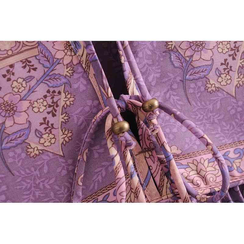 Bohemia Bandage Lacing up Collar Lavender Floral Print Dress Ethnic Woman Hit Color Long Sleeve Maxi Holiday Dresses 210429