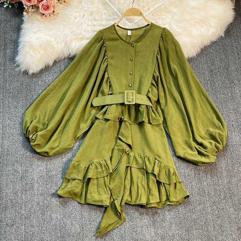 Elegant Korean Lantern Sleeve Women's Ruffle Patchwork Seaside Holiday Dress In Versatile Colors