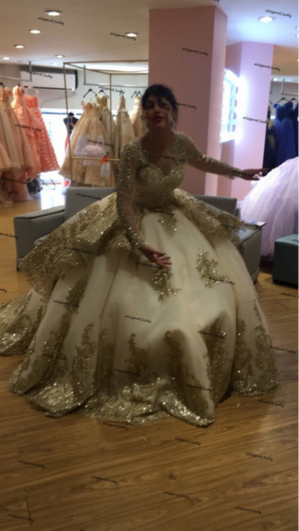Luxury Gold Princess Wedding Dresses with Long Sleeve Full Lace Applique Cathedral Train Lace-up Aso Ebi Bridal Gown