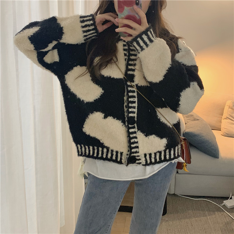 Vintage Knitted Cardigan Coat Winter Clothes Women Black White Cow Print Sweaters Korean Chic Thicked Warm Sueter Female 210422