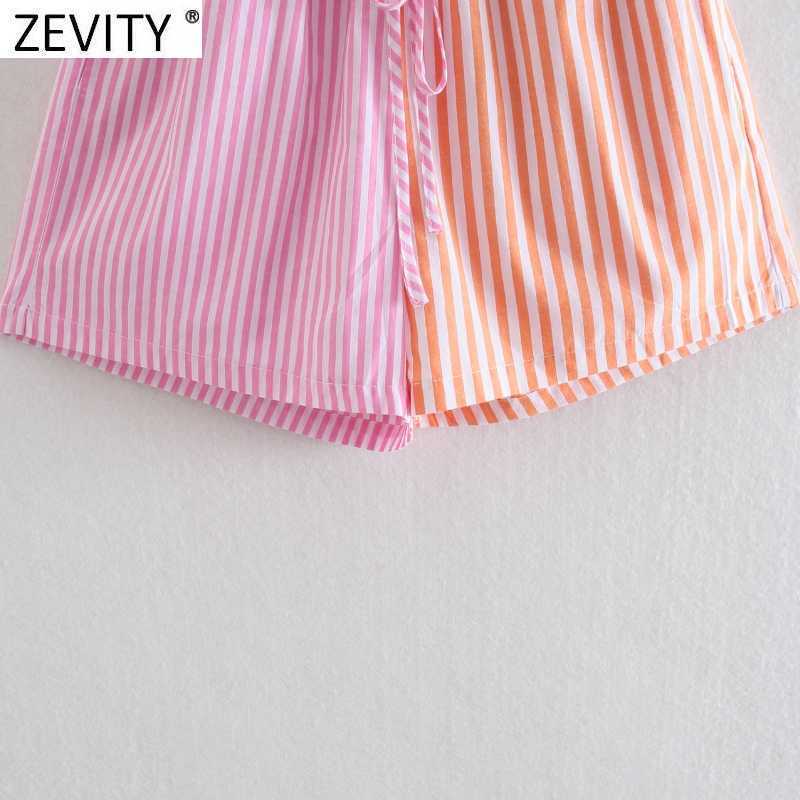 Zevity Women Fashion Patchwork Striped Print Casual Bermuda Shorts Female Chic Elastic Waist Summer Pantalone Cortos P1086 210603