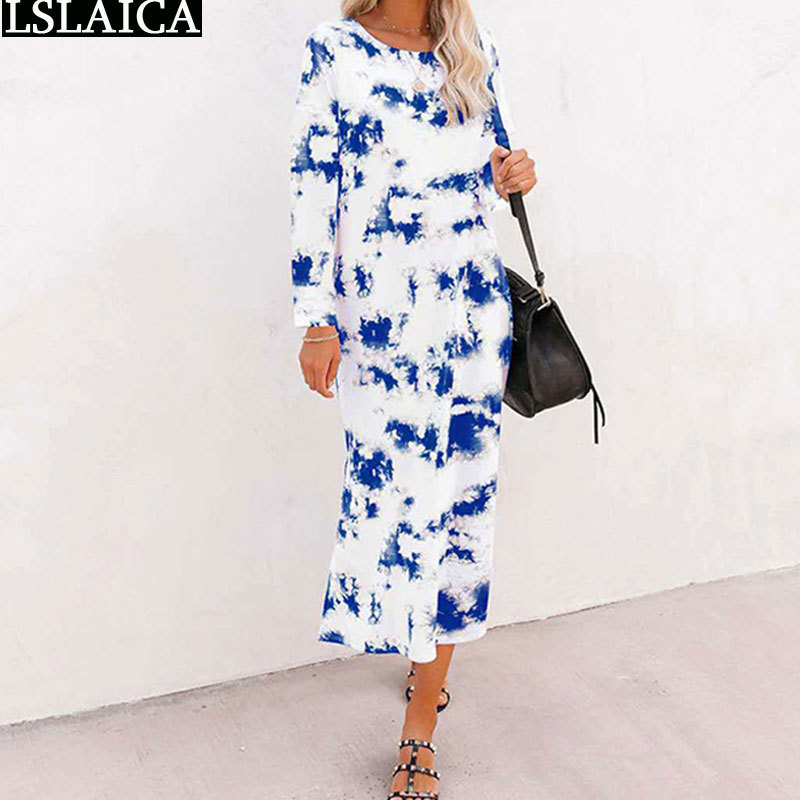 Autumn Dress Women Casual Floral Print Long Sleeve O Neck Ladies Maxi Fashion Loose Plus Size Beach Holiday Vestidos 210515