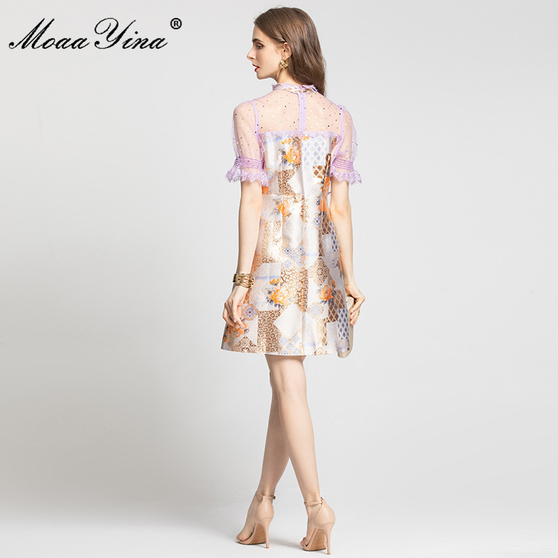 Fashion Runway Summer Short Jacquard Dress Women's Mesh Splicing sleeve Floral print Vintage Party Mini Dresses 210524
