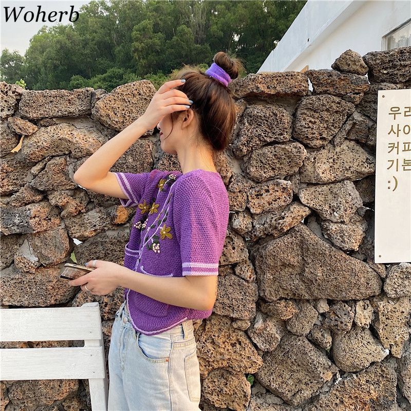 Floral Embroidered Knitted Cardigan Tops Women Summer Short Sleeve V-neck Crop Sweater Korean Fashion Ladies Jumpers 210519