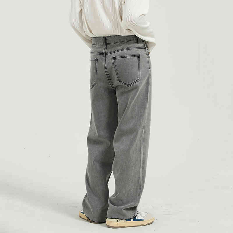 IEFB Men's Wear Spring Black Jeans Korean Loose Straight Tube Light Grey Raw Edge Jeans For Men Straight Trousers Y5066 210524