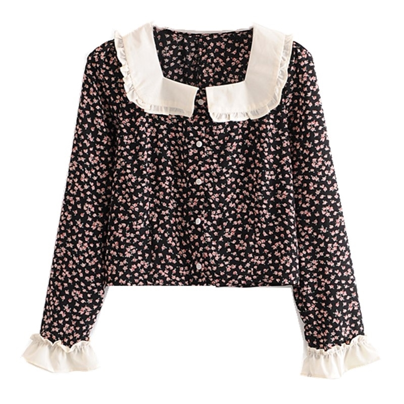 Autumn Vintage Peter Pan collar Floral Print Shirt Black Fashion Single-Breasted Buttons blouse women Chiffon blusas Tops 210429