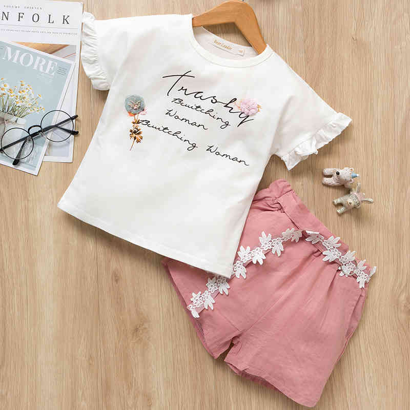 Girls Clothing Sets Summer Short T-shirt+Love Print Pants 2Pcs for Kids Baby Clothes 210429