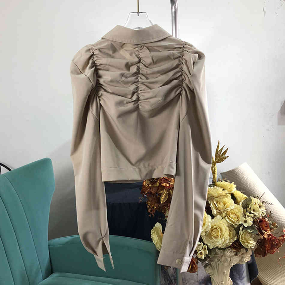 Free Fashion Ladies Blouse Top Elegant Bubble Long Sleeve Shirt Single Breasted Draped Pocket Short 210524