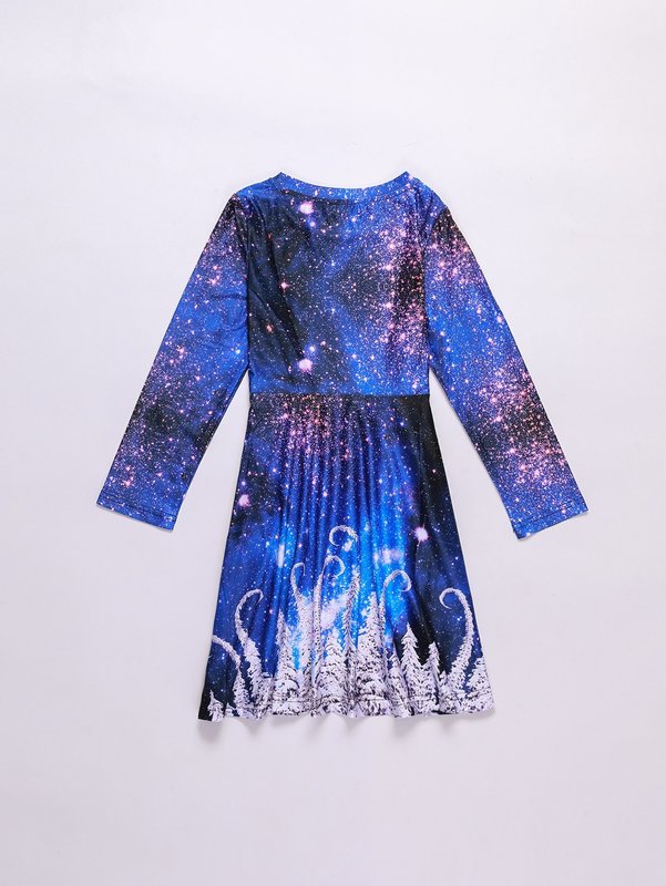 Girls 3D Galaxy And Tree Print Smock Dress SHE