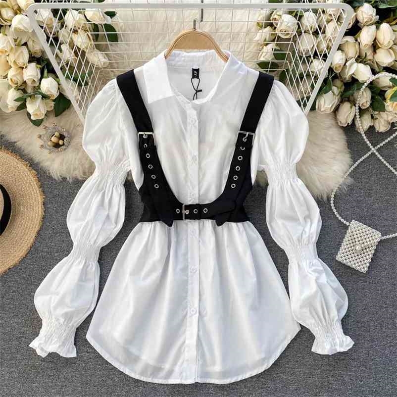 Women Long Puff Sleeve Turn-down Collar Shirt Black Suspender Vest Two Piece Set Fashion Spring Summer 11B149 210525, White
Women Long Puff Sleeve Turn-down Collar Shirt Black Suspender Vest Two Piece Set Fashion Spring Summer 11B149 210525, White