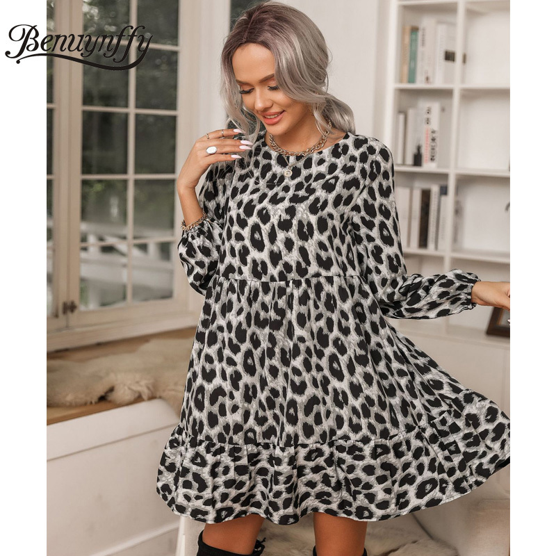 O-Neck Leopard Print Ruffle Hem Casual Dresses Fashion Spring Women Long Sleeve Loose Mini Dress Clothes Female 210510