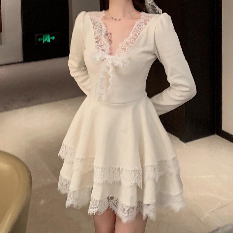Casual Dresses Autumn And Winter Lace Mini Dress Women Long-sleeved Korean Fashion V-neck Stitching Short Vestidos, Creamy-white
Casual Dresses Autumn And Winter Lace Mini Dress Women Long-sleeved Korean Fashion V-neck Stitching Short Vestidos, Creamy-white