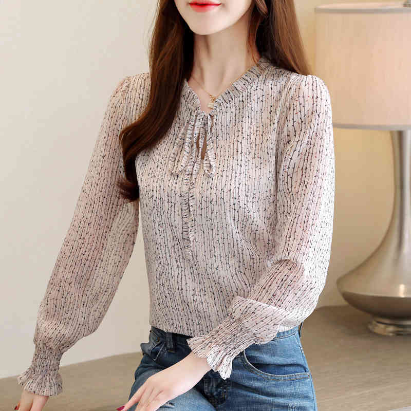 Fashion Spring V-neck Print Shirt Black Elegant Top Arrival Long Sleeve Chiffon Blouse Plus Size Tops 8218 50 210506