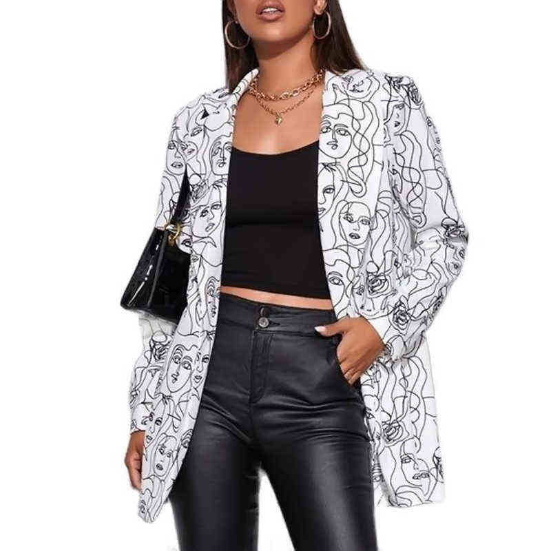 Vintage Letter Irregular Printing Blazer Women Jacket High Street Fashion Fall Plus Size Elegant Lady Coat American Stylish 211122