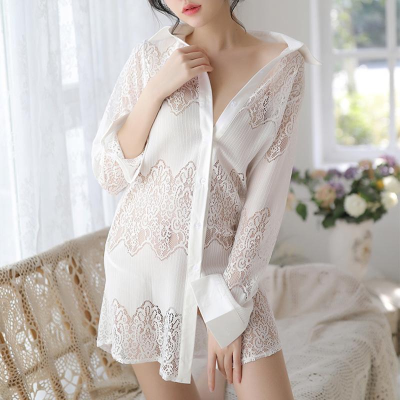 Women's Sleepwear Home Clothes See Through Lace Nightie Long Sleeve V-neck Night Dress Women Nightgown Sexy Lingerie
