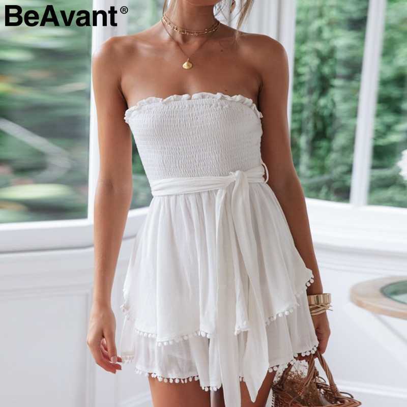 BeAvant Off shoulder cotton linen women rompers Strapless white summer jumpsuit female Holiday beach short overall playsuit 210709 - view 3