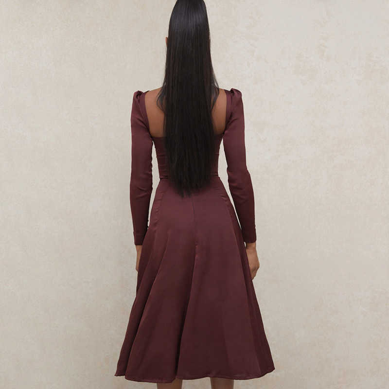 DEAT Women Split Dress Square Collar Long Sleeve Arrivals Lady Sexy Temperament Fashion Spring Summer 210709