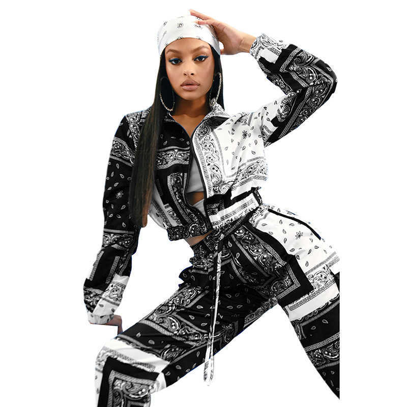HAOOHU Long Sleeve Women's set Paisley Bandanna Print Two Piece Set Jacket Crop Top Pencil Pants Fashion Tracksuit Y0625