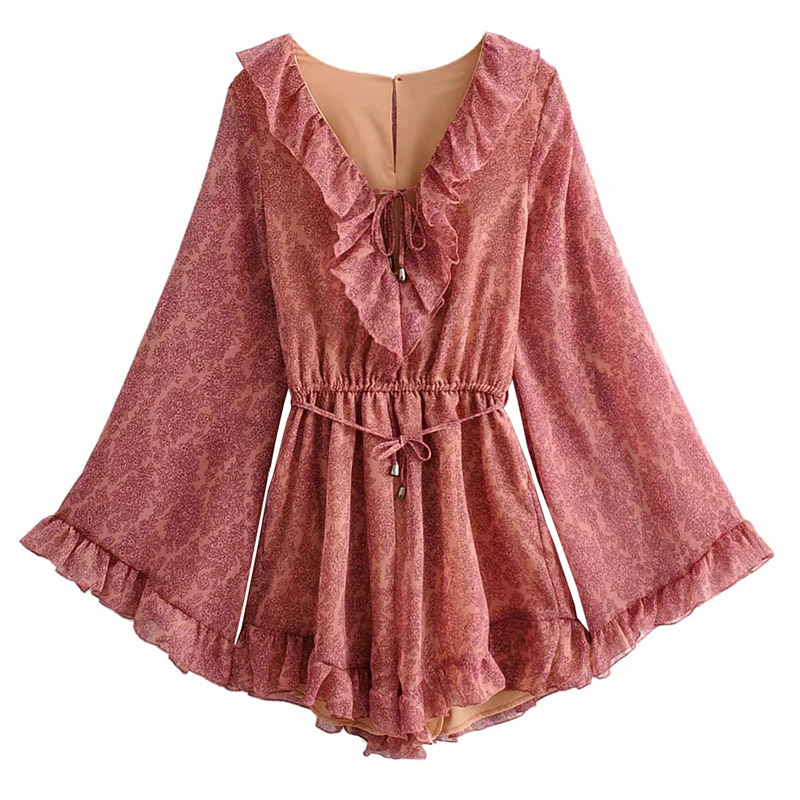 Women Chic Summer Chiffon Bodysuit Ruffled Floral Print Boho Party Romper Jumpsuit Flare Long Sleeve Beach Playsuit 210515