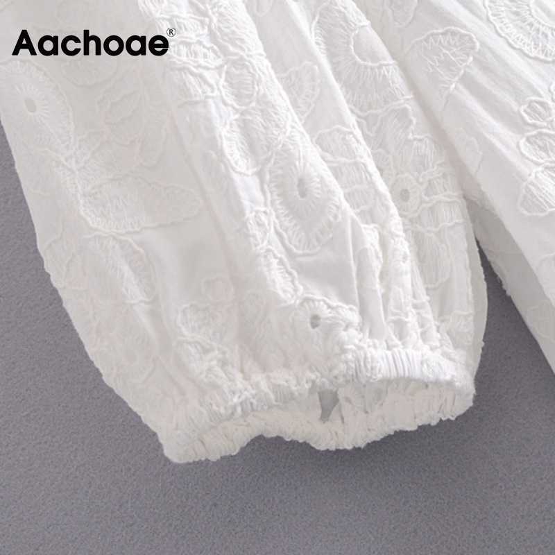 Aachoae Chic Floral Embroidery Midi Dress Women V Neck Puff Sleeve Sweet Dresses Ladies Elegant A Line White Cotton Dress 210630