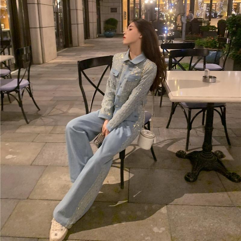 Women Suits: Sequined Embroidery Jacket with High Waist Wide Leg Trousers - Two Piece Denim Pants Set for Stylish Outfits C260312