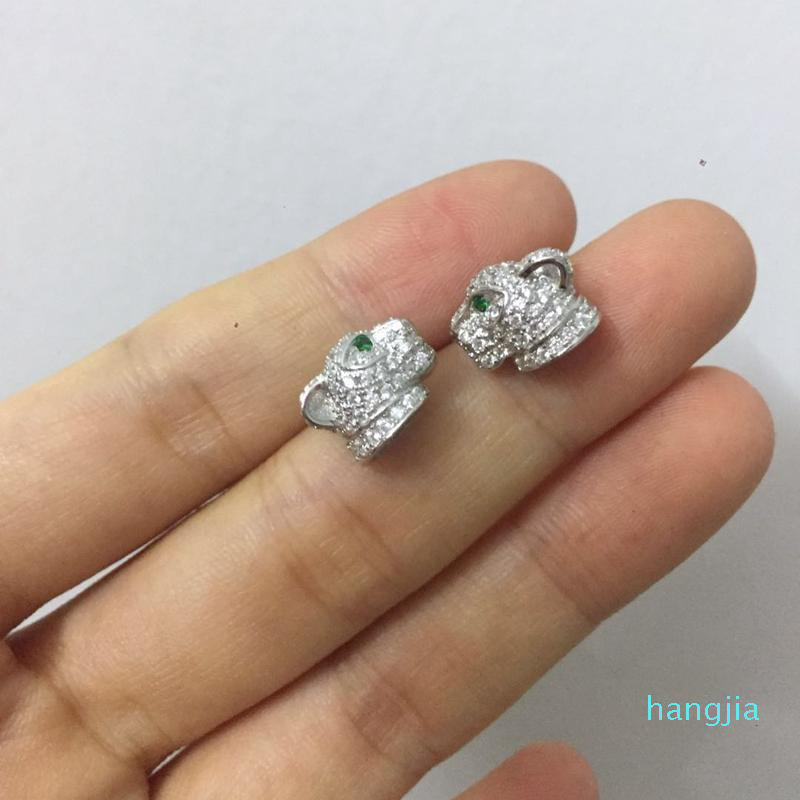 Leopard Head Green Eyes Stud Earring 925 Sterling Silver Full Zircon Beads Panther Women Animal Bridal Jewelry