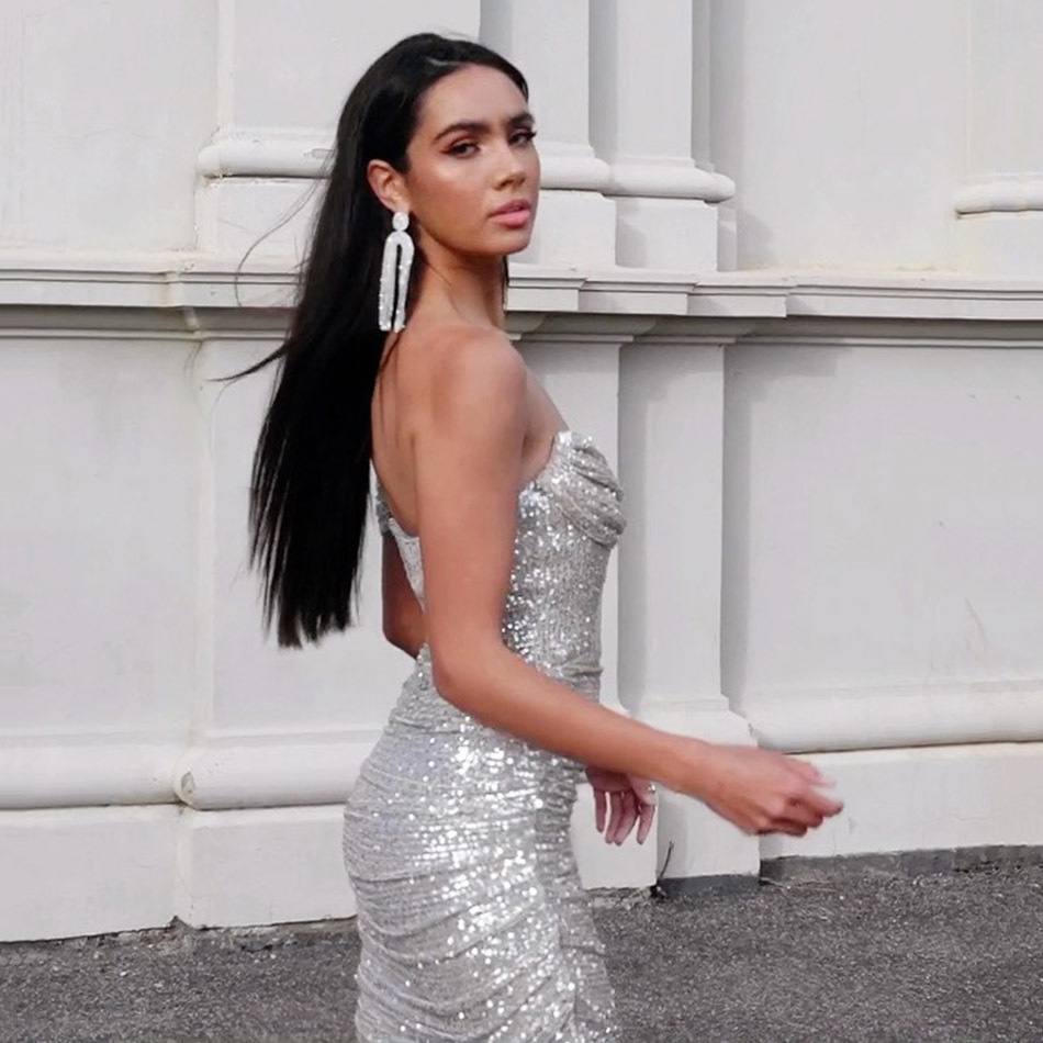 High Quality Elegant Female Sexy One-Shoulder Open Back Sleeveless Sequined Fashion Drape Split Party Dress 210525