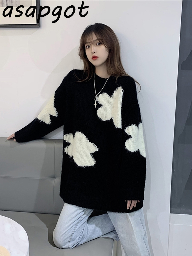 Winter Thick Knitted Tops Loose Long O Neck White Clouds Pullovers Sweater Women Fashion Casual 3style Pull Femme Preppy Japan 210429