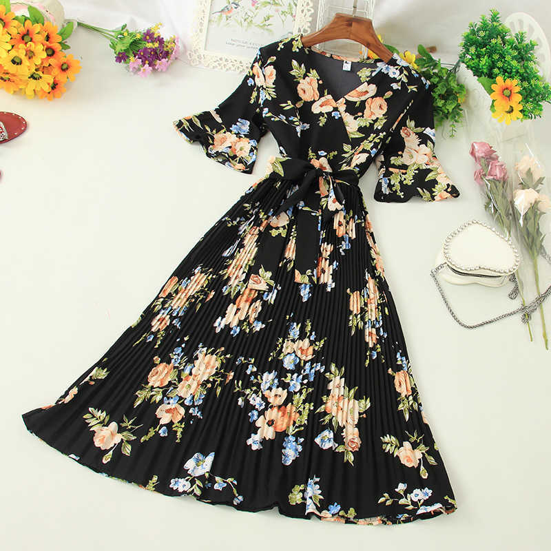 Ly Varey Lin Summer V Neck Flare Sleeve Chiffon Dress Women Vintage Floral Print High Waist Lace-up Pleated Midi Vestidos 210526
