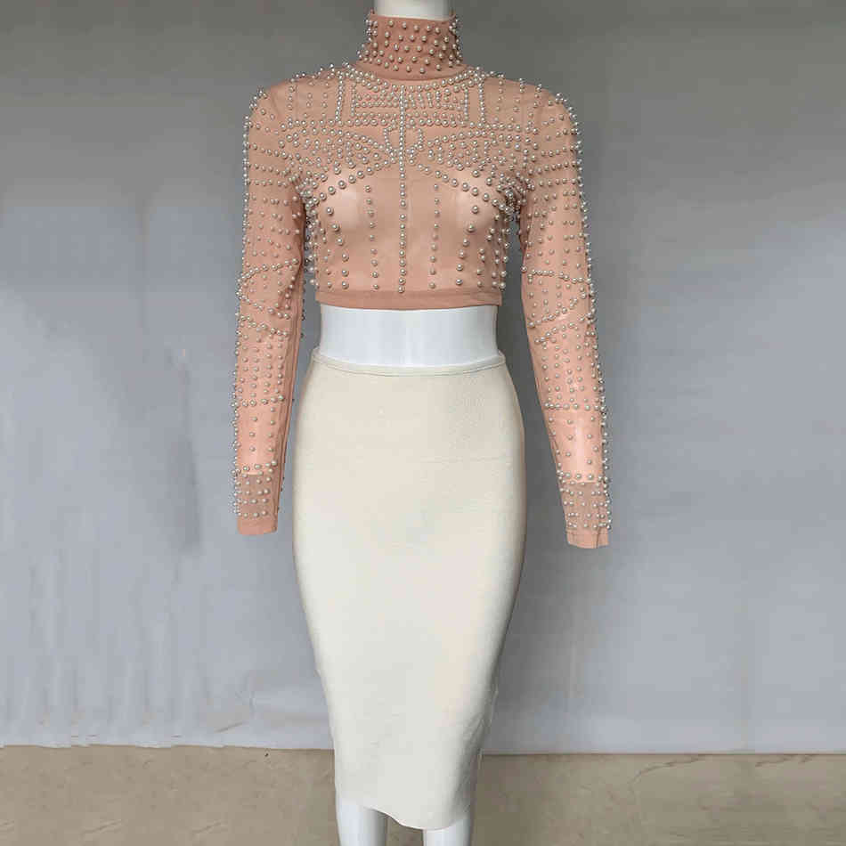 Summer Women's 2-Piece Two-piece Mesh Beaded Top + Pencil Skirt Female Bandage Sexy Celebrity Party Set 210525