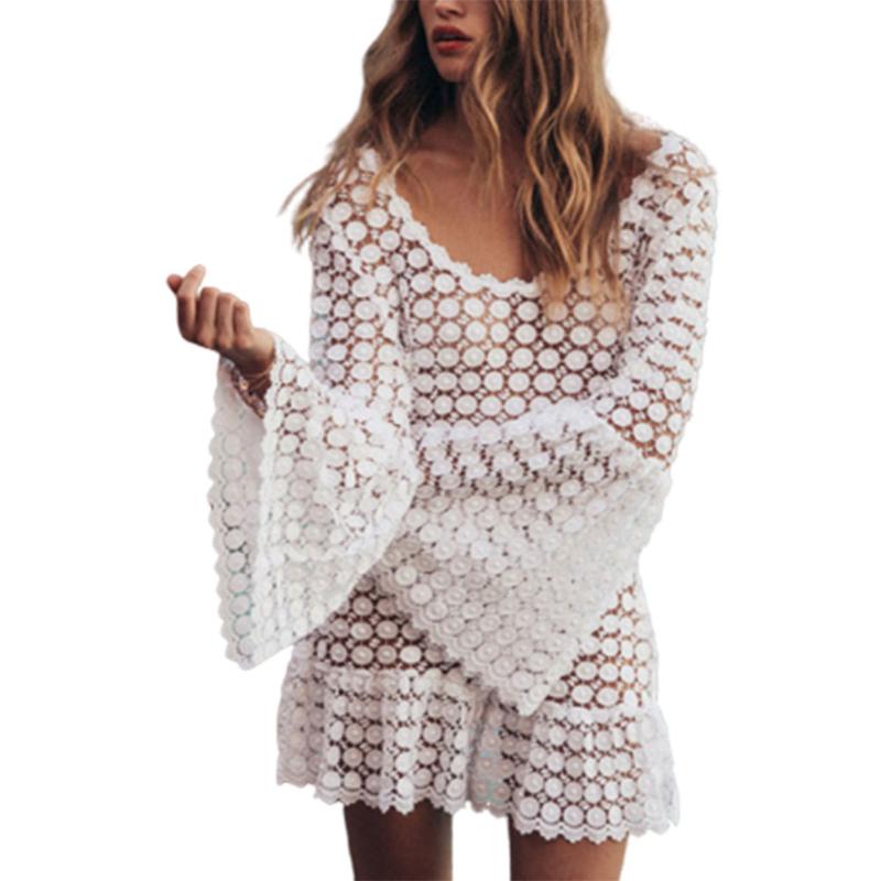 Fashion Women's Solid Flare Sleeve Lace Summer Beach Swimwear Bikini Cover Up Party Cocktail Bandage Mesh Dress, White
Fashion Women's Solid Flare Sleeve Lace Summer Beach Swimwear Bikini Cover Up Party Cocktail Bandage Mesh Dress, White