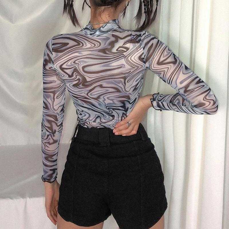 Yedinas Long Sleeve Crop Tops T Shirts Women Transparents Ruffles Hems Mesh Turtleneck Tshirt Y2k Aesthetic Top Streetwear 210527