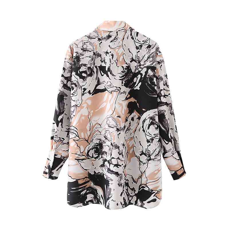 Streetwear Women Abstract Print Shirts Fashion Ladies Turn Down Collar Tops Causal Female Chic Pocket Long Blouses 210430